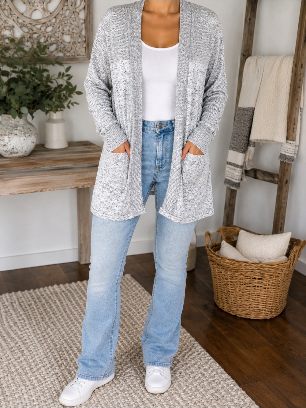 One Park Ave Women’s Gray Marled Open Front Cardigan Sweater Size M Pockets